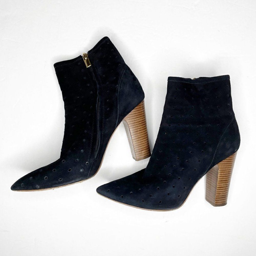 See by Chloe Perforated Stars Suede Block Heel Ankle Boots Black Size 37.5